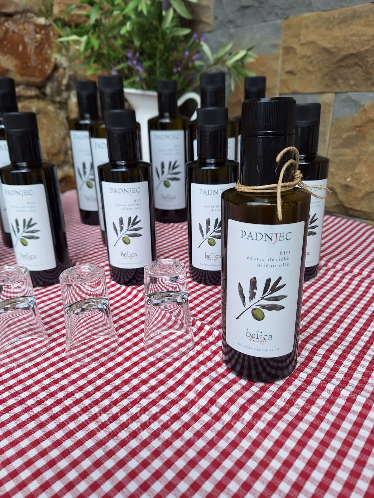 Bottles of Padnjec olive oil set out for tasting